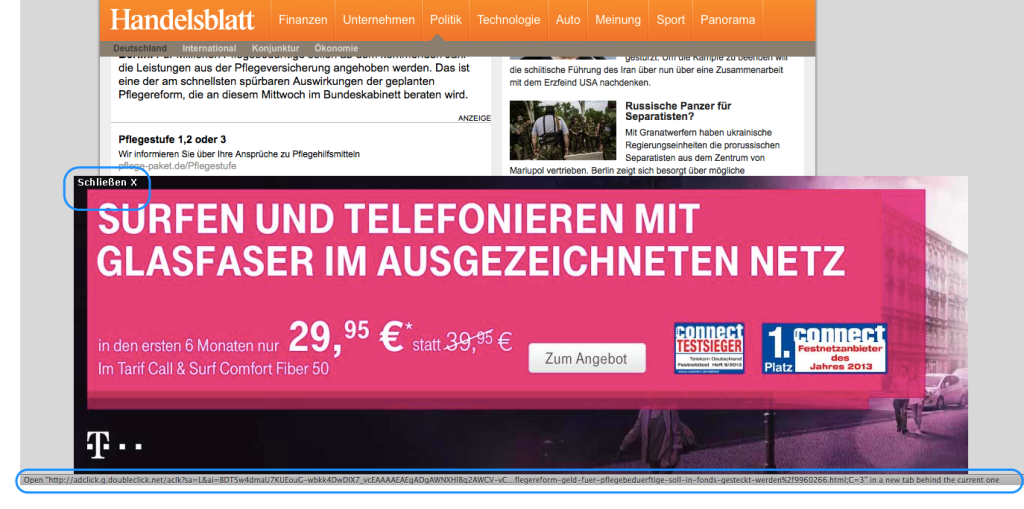 Schließen-Button auf Telekom-Ad